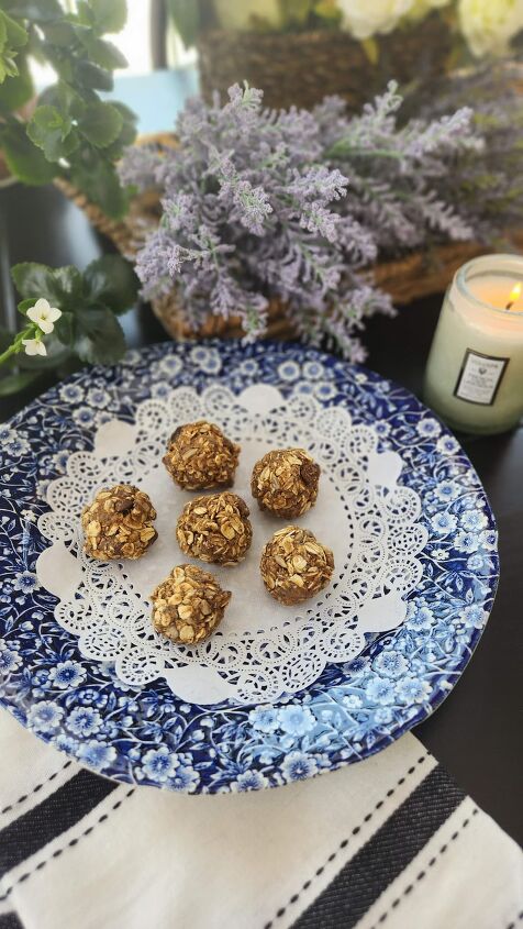 easy healthy snack almond butter protein ball recipe, almond butter protein balls on white paper doily