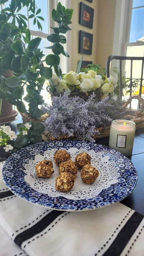 easy healthy snack almond butter protein ball recipe, energy balls on vintage blue and white dish