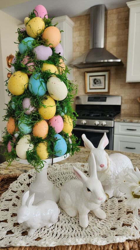 easy healthy snack almond butter protein ball recipe, easter egg topiary tree on counter top