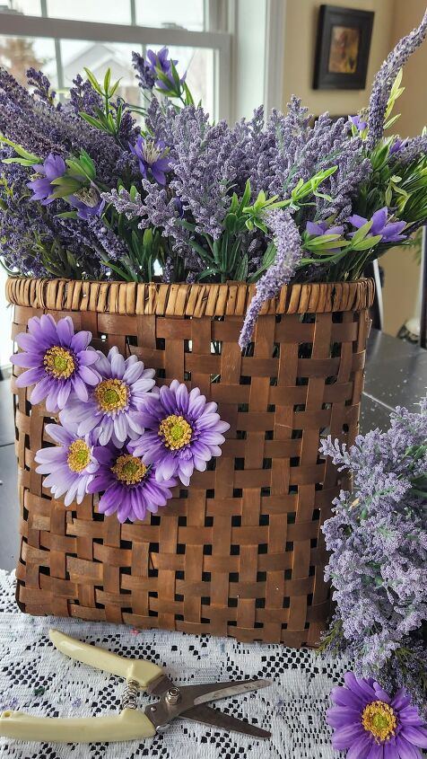 easy healthy snack almond butter protein ball recipe, faux lavender flowers with purple daisies on the face of basket
