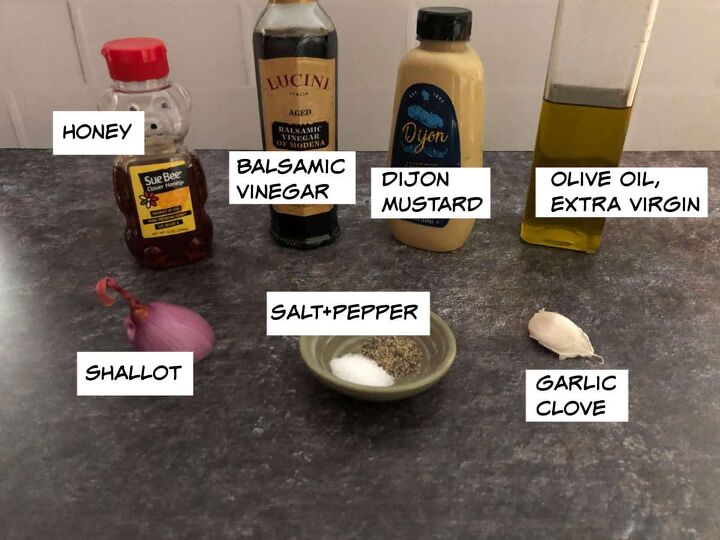 balsamic vinaigrette, ingredients honey balsamic vinegar dijon mustard olive oil shallot garlic salt pepper