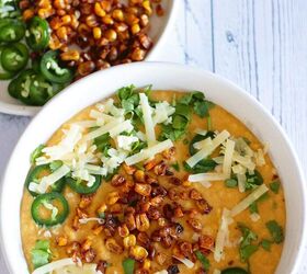 sopa de elote recipe mexican street corn soup, A bowl of Sopa De Elote with toppings