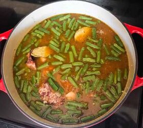 easy ham and green bean soup, Add the ham bones green beans potatoes and bay leaves