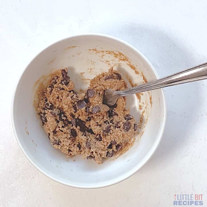 healthy single serve cookie vegan, chocolate chip cookie dough in small white bowl with fork