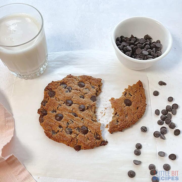 healthy single serve cookie vegan, broken cookie with almond milk and chocolate chips