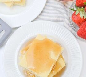 sheet pan pancakes from mix, syrup over rectangular baked pancakes