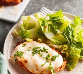 easy air fryer chicken parmesan, Air fryer chicken parmesan and green salad on a plate