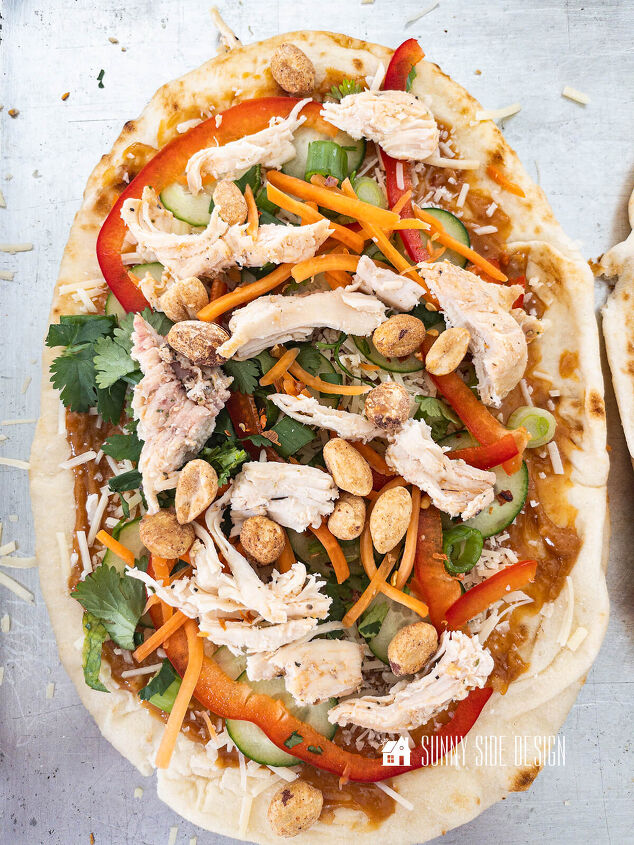 easy thai chicken pizza with peanut sauce, Add Thai inspired toppings on this homemade pizza on a flatbread
