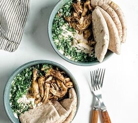 perfect oven baked chicken breasts, chicken hummus bowls in greay ceramic bowls with bakelite forks and a striped linen napkin