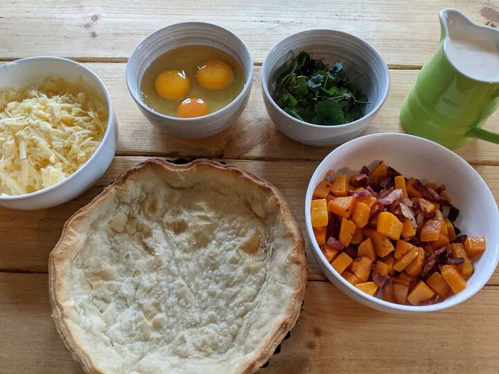 ingredients needed to make ground ivy butternut squash and bacon quiche