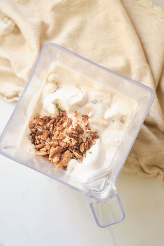 walnut smoothie, walnut smoothie with maple syrup and vanilla ice cream in a blender