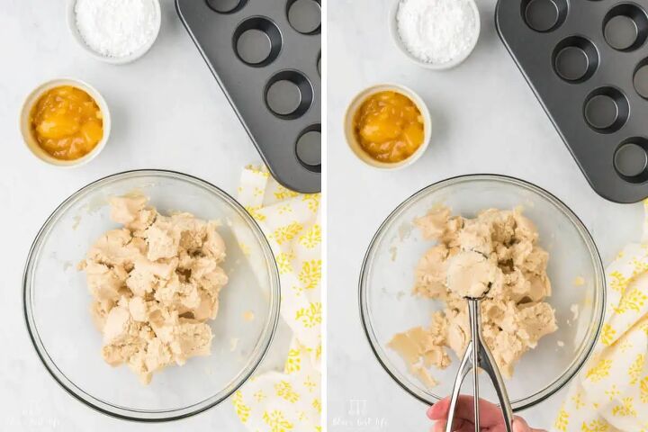 easy lemon curd cookies recipe, The cookie dough in a bowl and using a cookie scoop to measure the dough