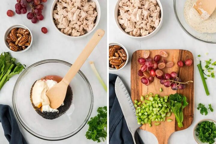 healthy california chicken salad recipe, The dressing ingredients mixed in a bowl And chopping the grapes and celery on a cutting board