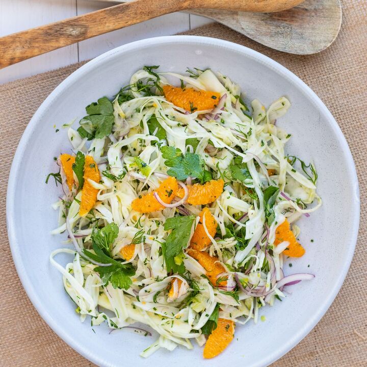 Orange and fennel salad plated in a white bowl