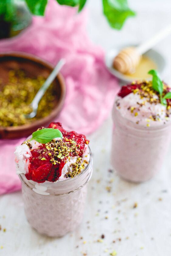 roasted strawberry basil milkshake, This roasted strawberry basil milkshake with a pistachio cacao nib crumble is a grown up and healthier version of the classic treat Perfect For Valentine s Day