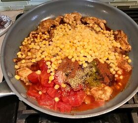 mexican marinated chicken and rice skillet, Skillet with Mexican Marinated Chicken tomatoes green chiles corn and seasonings
