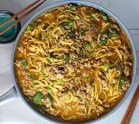 ground chicken dan dan noodles easy recipe, Dan Dan Noodle Recipe with Ground Chicken and scallions in a pan on counter with chopsticks next to it