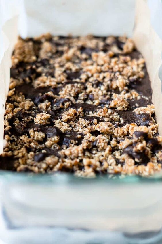 chocolate oat bars, chocolate oat bar in a pan before cutting