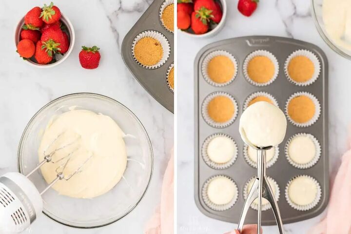 easy mini strawberry cheesecake bites recipe, Mixing the cheesecake filling and portioning the batter into the cupcake pan