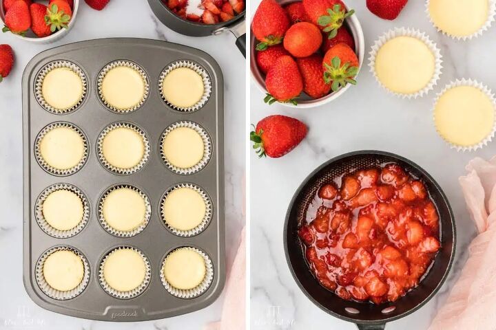 easy mini strawberry cheesecake bites recipe, The cheesecakes in the pan after baking and the strawberry sauce in the pot