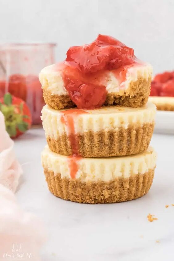 easy mini strawberry cheesecake bites recipe, A stack of mini strawberry cheesecakes