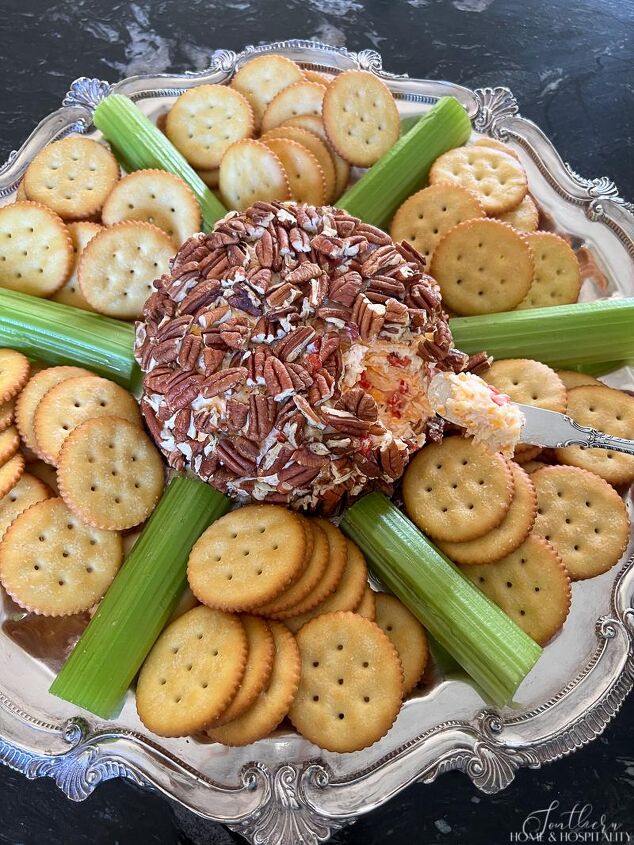 southern pimento cheese ball easy masters party favorite, Southern pimento cheese ball on silver tray