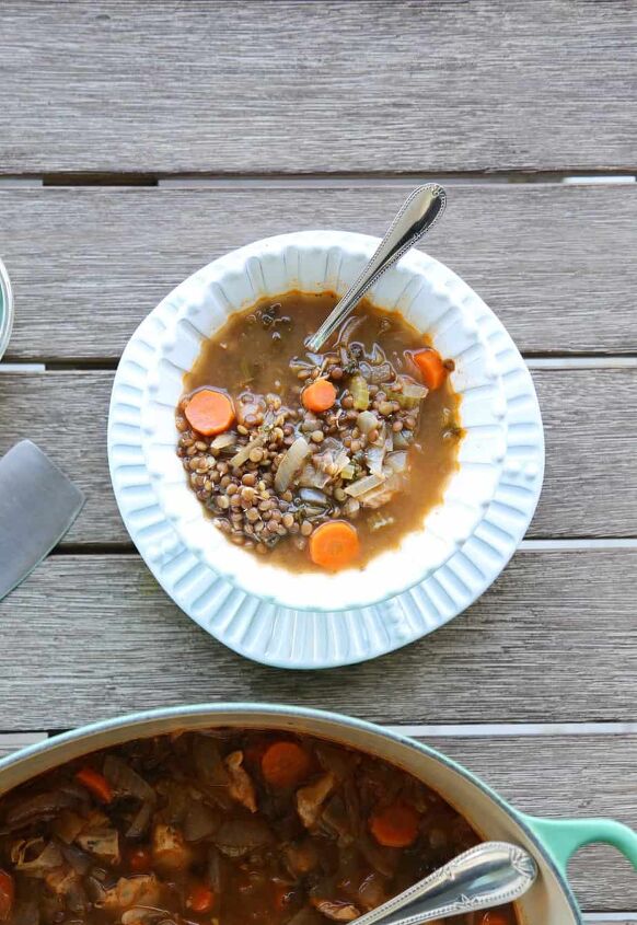 progresso lentil soup recipe, gluten free chicken and lentil soup recipe in a bowl with a spoon