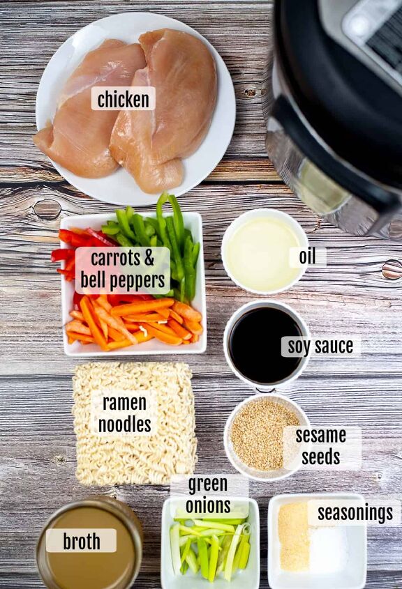 instant pot ramen noodle stir fry, Overhead shot of the ingredients you need ot make instant pot ramen noodle stir fry