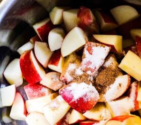 easy instant pot applesauce recipe, overhead shot of apples in the instant pot with sugar and cinnamon