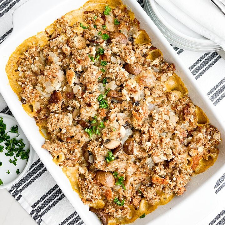 walking taco casserole with fritos, baked Swiss chicken casserole in white baking pan