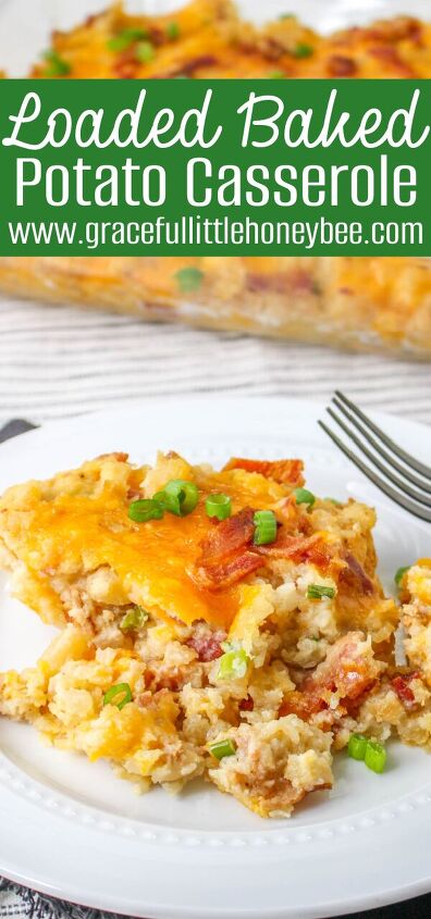 easy and delicious loaded baked potato casserole, A serving of Loaded Baked Potato Casserole sitting on a round white plate with a fork