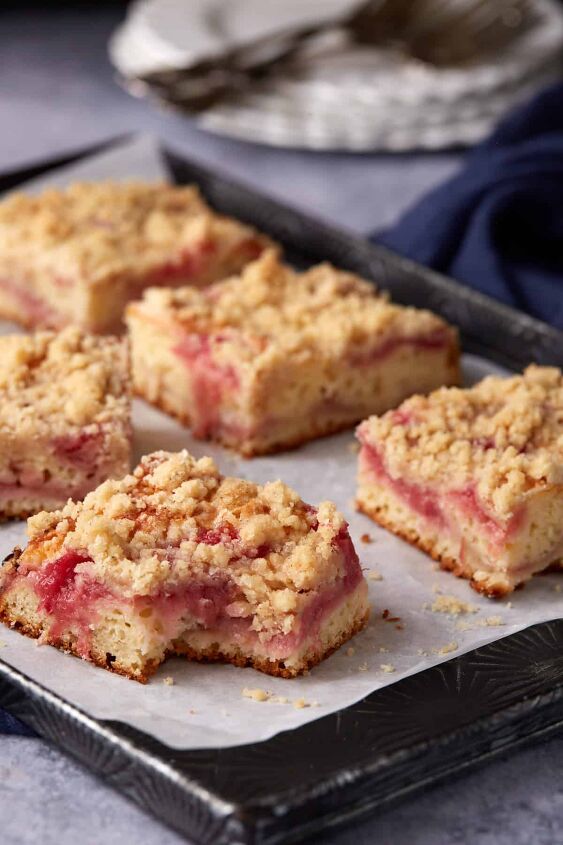 rhubarb coffee cake with brown butter crumble, A piece of rhubarb coffee cake with a bite taken out