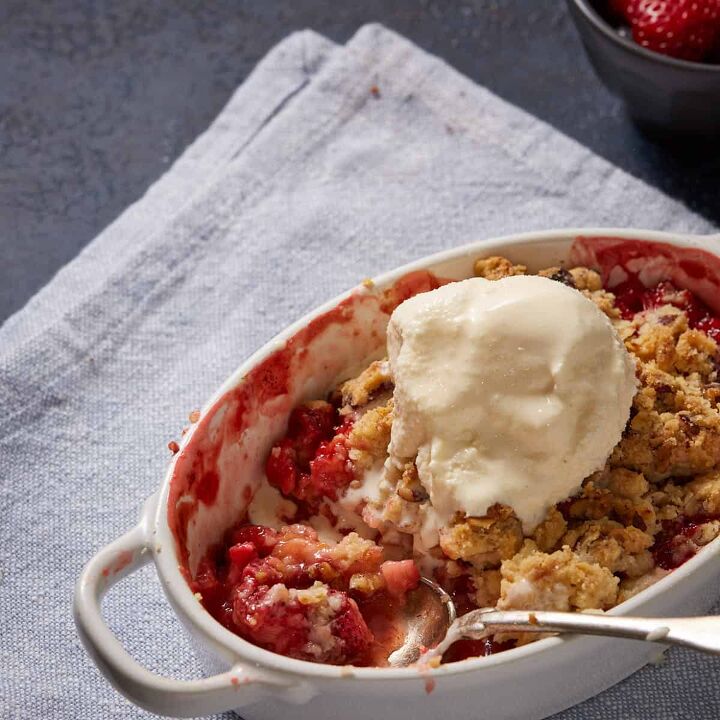 rhubarb coffee cake with brown butter crumble, A ramekin of rhubarb and strawberry crumble with a scoop of ice cream