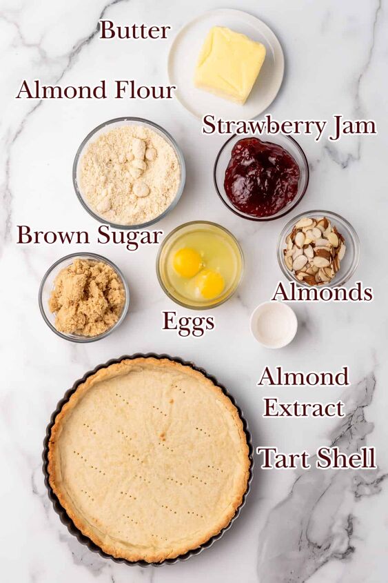 jam tart recipe bakewell tart with strawberry jam, Ingredients to make a jam tart with text overlay