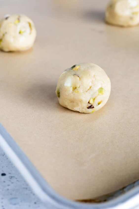 pistachio white chocolate cookies, Scoop the cookie dough onto a parchment lined tray
