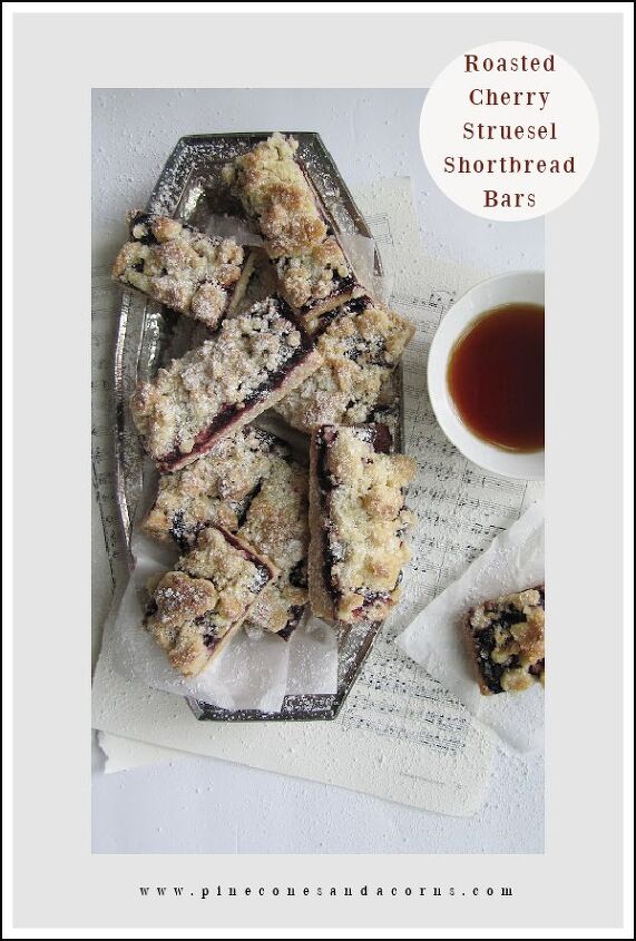roasted cherry streusel shortbread cookie bars, Pin Me browned butter roasted cherry shortbread bars