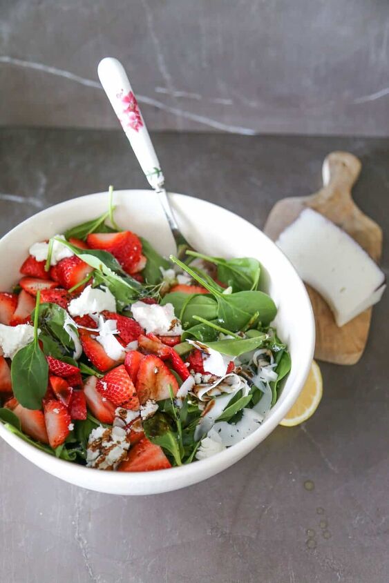 strawberry and goat cheese salad, strawberry and goat cheese salad in a white bowl