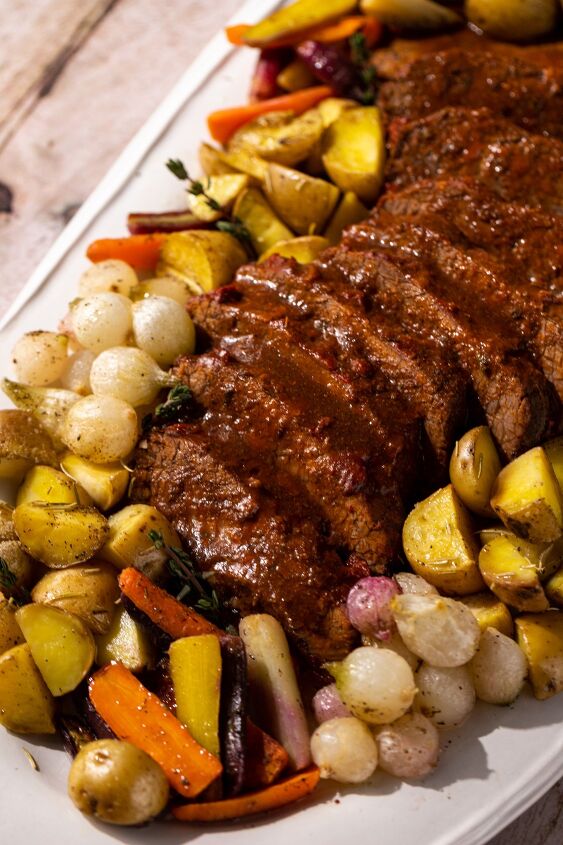 traditional holiday brisket, This brisket recipe is served alongside baby potatoes pearl onions and roasted carrots