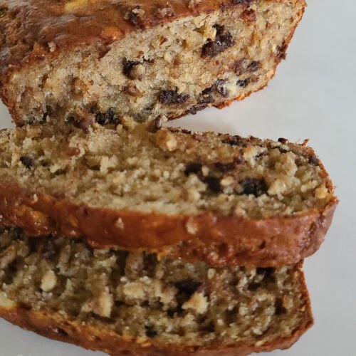 chocolate chip banana bread with greek yogurt, With only 130 kcals per slice this chocolate chip banana bread recipe offers an extra flavorful boost of Greek yogurt