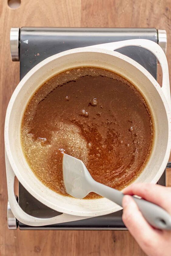 salted bourbon caramels, Brown sugar and butter being stirred in a pan