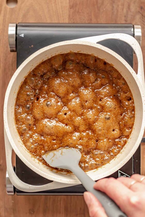 salted bourbon caramels, Bubbling butter and sugar in a pan