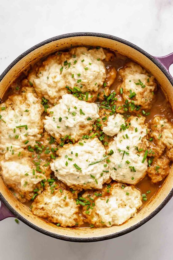 irish beef stew with cheddar dumplings, Chives on top of cooked puffy dumplings
