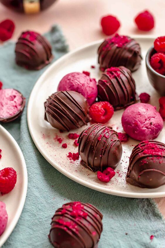 chocolate raspberry truffles with raspberry filling, Chocolate truffles on a plate