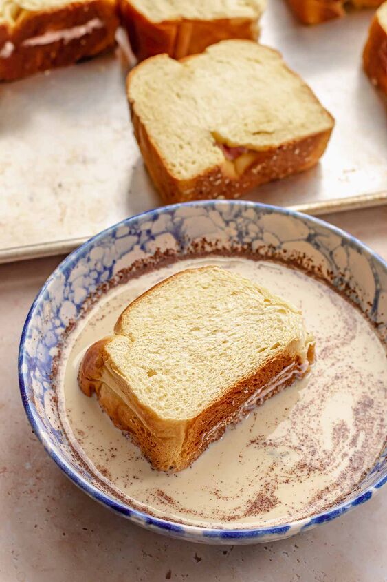 strawberry stuffed french toast, Stuffed brioche bread in custard to soak