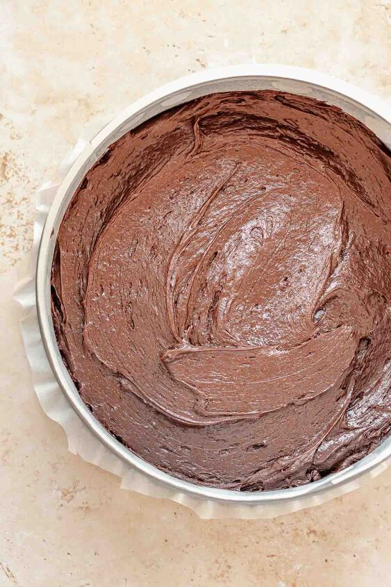 chocolate raspberry mousse cake, Chocolate cake batter in a springform pan pre baked