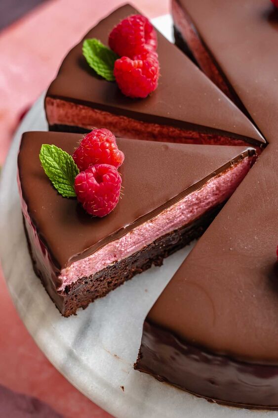chocolate raspberry mousse cake, Slice of raspberry mousse cake sliced to show the inside