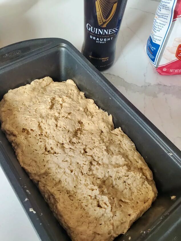 simple guinness beer bread, Beer bread batter poured into an oiled bread pan