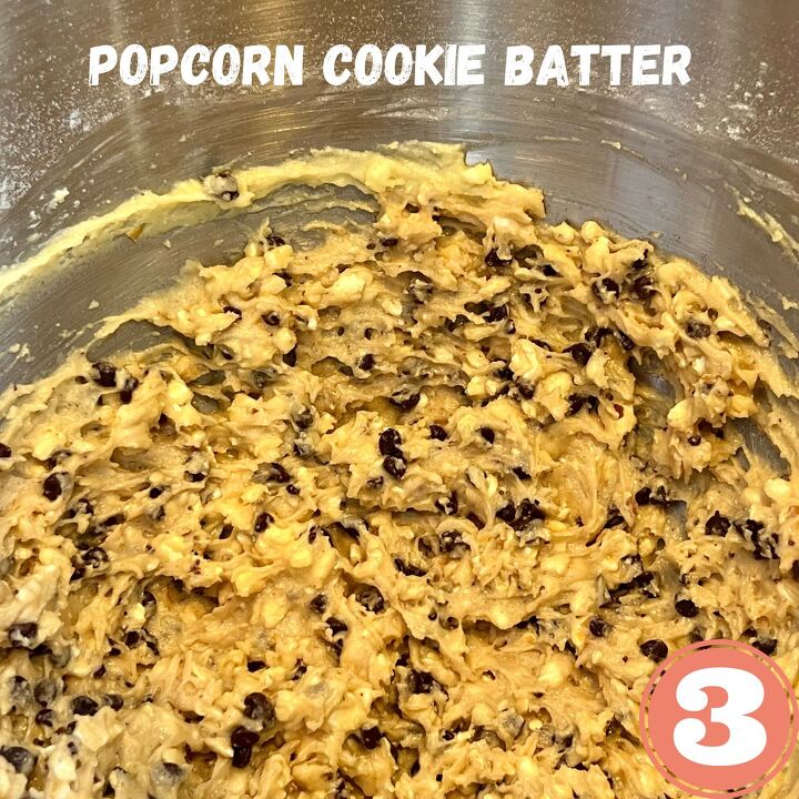 ww popcorn chocolate chip cookies, Chocolate chip popcorn cookie batter in a stainless steel bowl