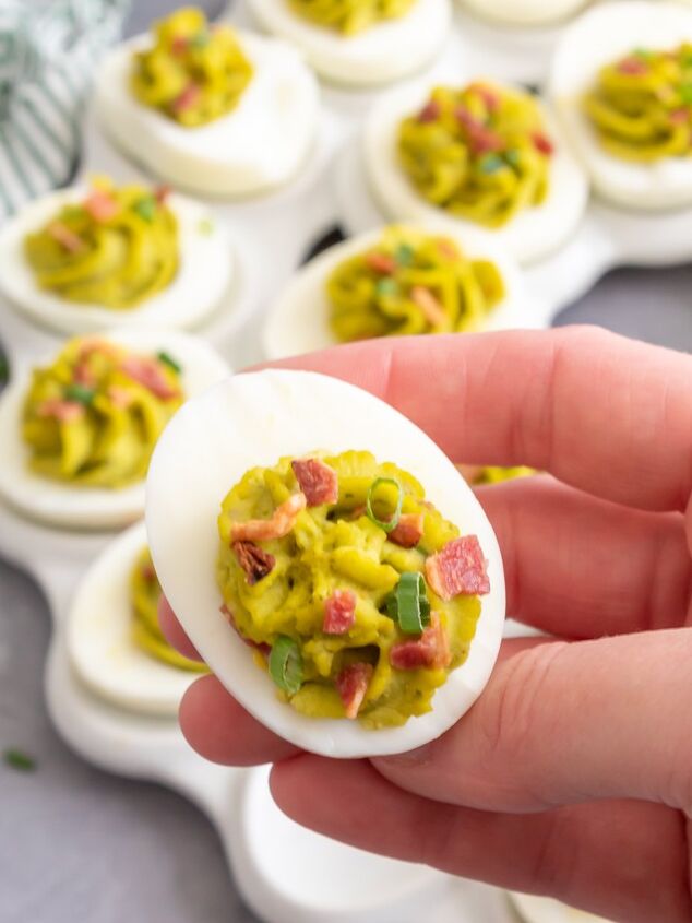 easy deviled eggs two different ways, Bacon and fresh chives finish the eggs