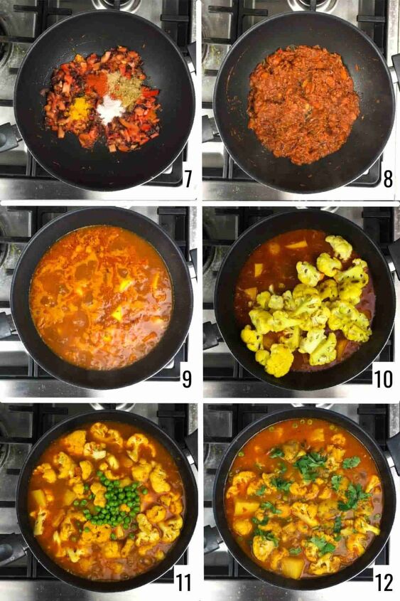 aloo gobi potato cauliflower curry, add vegetables and cook